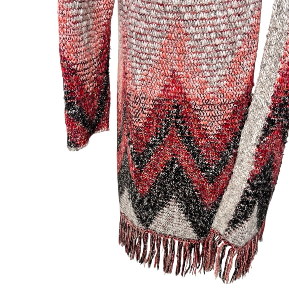 Lucky Brand Long Cardigan Medium  Red /Grey Aztec Fringe Duster western  Sweater - Picture 3 of 9